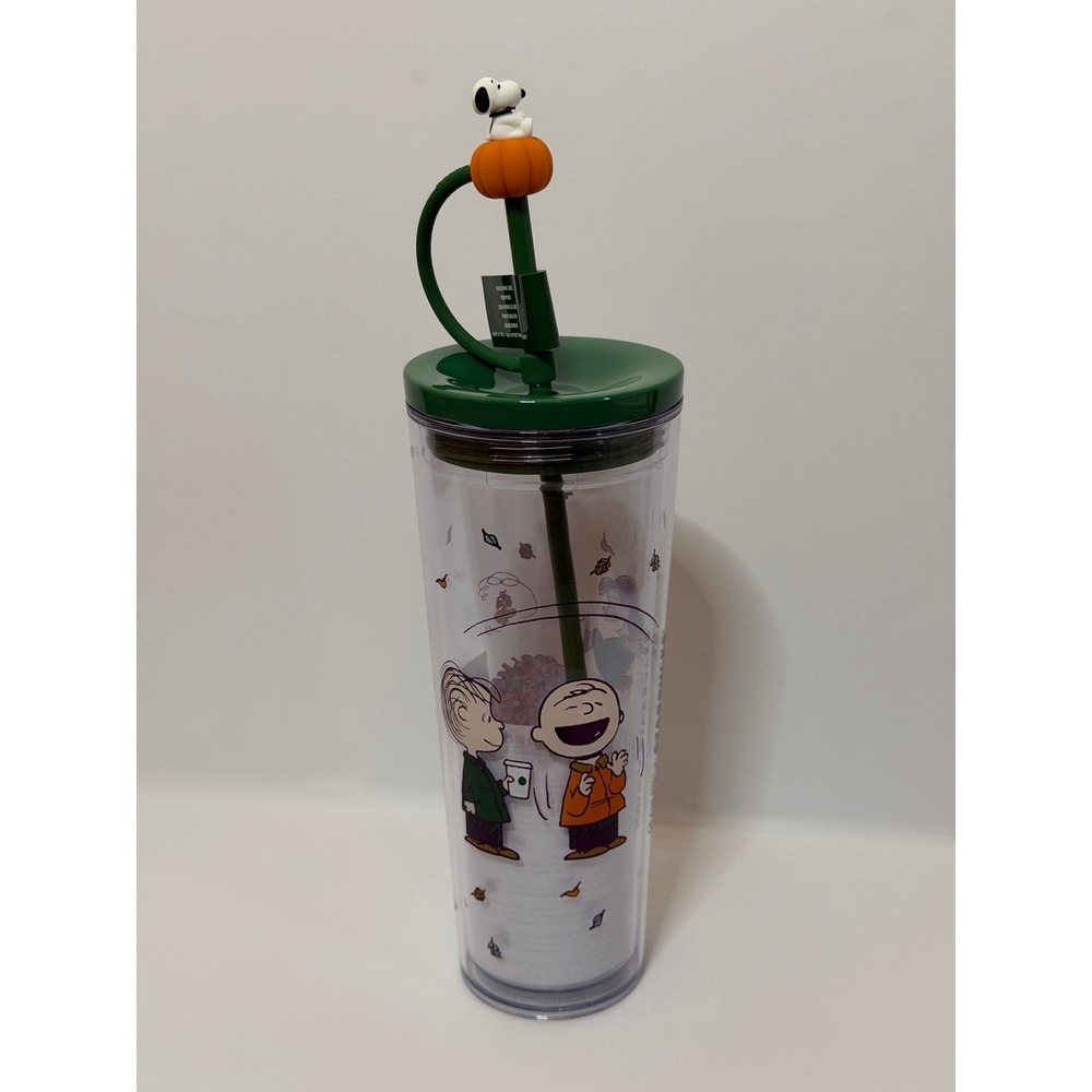Starbucks Peanuts Tumbler 24oz Clear Fall Pumpkin Snoopy Topper 24oz
